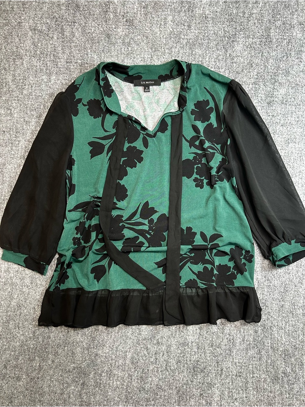 Liz McCoy Green & Black Floral V-Neck Blouse, size medium with sheer sleeves